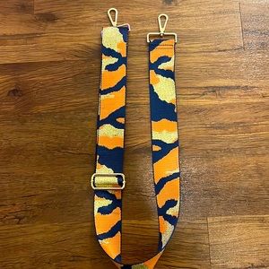 Crossbody bag strap, gold clasps, gold, navy blue & orange pattern. Adjustable.